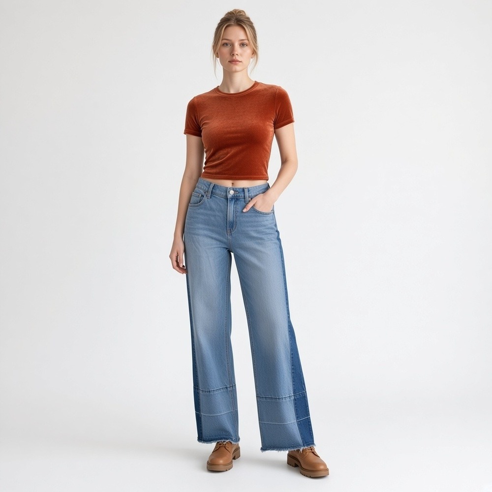 Patchwork Wide Leg Jeans Colorblock Shadow Panel Raw Hem Low Rise Denim Pants 6